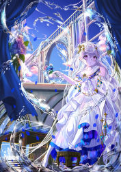 Rule 34 | 1girl, :o, absurdres, alternate costume, arch, architecture, arius esquede, blue curtain, blue flower, blue rose, blush, bridal veil, bridge, cloud, commentary, counter:side, covered navel, curtains, day, display case, dress, falling petals, flower, footstool, frilled dress, frills, gloves, hair between eyes, hand in own hair, hand up, high heels, highres, holding, holding flower, hydrokinesis, indoors, jewelry, ladder, leg up, long dress, long hair, looking at viewer, open mouth, petals, pillar, pink clouds, pink eyes, raised eyebrows, room, rose, shoes, sitting, sky, solo, tuhua shouluo (dohwasura), unworn shoe, unworn shoes, veil, very long hair, water, wedding dress, white footwear, white gloves, white hair, white legwear, window