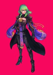 Rule 34 | 1girl, armor, armored boots, boots, breasts, byleth (female) (fire emblem), byleth (fire emblem), commentary, commission, dagger, english commentary, fire emblem, fire emblem: three houses, full body, green eyes, green hair, hair between eyes, hand on own hip, high heel boots, high heels, highres, knife, medium breasts, medium hair, nintendo, sethkiel, sheath, sheathed, simple background, solo, standing, weapon