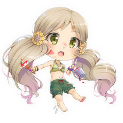Rule 34 | 1girl, bare shoulders, barefoot, big head, bikini, bikini top only, breasts, bucket, chibi, collarbone, commentary request, flower, full body, green eyes, green shorts, hair flower, hair ornament, handa roco, holding, holding bucket, holding paintbrush, idolmaster, idolmaster million live!, light brown hair, long hair, low twintails, miri (ago550421), navel, open mouth, paint on clothes, paint splatter, paint splatter on face, paintbrush, parted bangs, puffy shorts, red ribbon, ribbon, round teeth, short shorts, shorts, simple background, small breasts, soles, solo, striped bikini, striped bikini top, striped clothes, sunflower, sunflower hair ornament, swimsuit, teeth, twintails, upper teeth only, very long hair, white background, yellow flower
