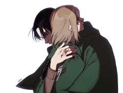 Rule 34 | 1boy, 1girl, black eyes, black hair, blood, blood on clothes, blood on face, blood on hands, capelet, from side, green capelet, hug, korean text, levi (shingeki no kyojin), paradis military uniform, petra ral, profile, shingeki no kyojin, simple background, translation request, white background, yp (pypy 5 )