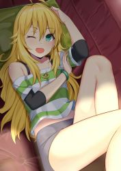 Rule 34 | 1girl, ahoge, bare shoulders, black skirt, blonde hair, breasts, commentary request, green eyes, green shirt, highres, hoshii miki, idolmaster, idolmaster (classic), long hair, looking at viewer, lying, on back, one eye closed, open mouth, pencil skirt, shirt, short sleeves, skirt, smile, solo, striped clothes, striped shirt, xubai
