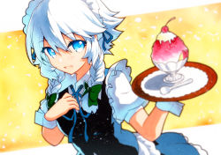 Rule 34 | 1girl, apron, blue dress, blue eyes, blush, breasts, commentary request, dress, food, grey hair, highres, holding, holding tray, ice cream, izayoi sakuya, looking at viewer, maid, maid apron, maid headdress, medium breasts, medium hair, open mouth, puffy short sleeves, puffy sleeves, qqqrinkappp, short sleeves, solo, touhou, traditional media, tray, wrist cuffs