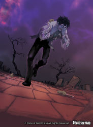 Rule 34 | 1boy, bat (animal), black hair, blue skin, colored skin, copyright name, force of will, full body, glowing, glowing eyes, male focus, miyagekko, mouse (animal), official art, open mouth, purple eyes, sky, solo, teeth, tombstone, torn clothes, tree, zombie