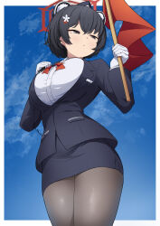 Rule 34 | 1girl, absurdres, animal ears, black eyes, black hair, black hat, black pantyhose, black skirt, blue archive, blush, bow, bowtie, breasts, cowboy shot, flag, gloves, hair between eyes, halo, hat, highres, holding, holding flag, kittenlochen, large breasts, long sleeves, official alternate costume, pantyhose, parted lips, red bow, red bowtie, red halo, shirt, short hair, skirt, solo, tsubaki (blue archive), tsubaki (guide) (blue archive), white gloves, white shirt