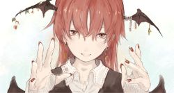 Rule 34 | 1girl, bat wings, black wings, blush, crescent, crescent earrings, earrings, gradient background, grin, hair between eyes, head wings, jewelry, koakuma, long hair, looking at viewer, multiple wings, nail polish, outstretched hand, palms, portrait, profile, red eyes, red hair, shirt, sketch, smile, solo, stitches, touhou, vest, wing ornament, wings, yukima (yushika)