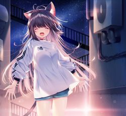 Rule 34 | 1girl, :d, ^ ^, animal ear fluff, animal ears, antenna hair, blue shorts, blurry, blurry background, blush, breasts, brown hair, cat ears, cat girl, cat tail, closed eyes, commentary, depth of field, closed eyes, facing viewer, fangs, highres, kurokuma (kuro kumagaya), long hair, long sleeves, medium breasts, night, night sky, open mouth, original, outdoors, puffy long sleeves, puffy sleeves, shirt, short shorts, shorts, sky, smile, solo, standing, star (sky), starry sky, tail, very long hair, white shirt