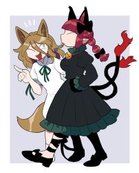 Rule 34 | 2girls, ;d, animal ear fluff, animal ears, animal hands, bell, black bow, black footwear, black ribbon, blonde hair, blunt bangs, bow, braid, cat ears, cat paws, cat tail, closed eyes, commentary, dress, fish bone, flame-tipped tail, footwear bow, fox ears, fox tail, frilled dress, frills, full body, furukawa (yomawari), green ribbon, grey dress, hair bow, hand on own hip, highres, jingle bell, juliet sleeves, kaenbyou rin, kudamaki tsukasa, leg ribbon, long hair, long sleeves, looking at another, mouth hold, multiple girls, multiple tails, notice lines, one eye closed, open mouth, pointy ears, puffy sleeves, red hair, ribbon, romper, smile, tail, touhou, twin braids, two tails, white romper, yellow eyes