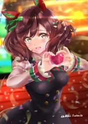 Rule 34 | 1girl, absurdres, animal ears, blurry, blurry background, breasts, brown eyes, commentary request, confetti, heart, heart hands, highres, horse ears, horse girl, horse tail, looking at viewer, medium breasts, medium hair, miki lutecia, nice nature (umamusume), open mouth, red hair, solo, stage, tail, twitter username, umamusume