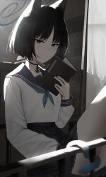 Rule 34 | 1girl, absurdres, animal ears, black eyes, black hair, black nails, black sailor collar, black skirt, blue archive, blue halo, book, cat ears, cat tail, closed mouth, fingernails, halo, highres, holding, holding book, kikyou (blue archive), kyatto-mikazu, light smile, long sleeves, looking at viewer, multiple tails, nail polish, pleated skirt, sailor collar, school uniform, serafuku, short hair, skirt, solo, tail, two tails