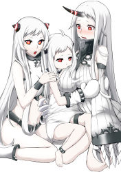 Rule 34 | 10s, 3girls, abyssal ship, ahoge, airfield princess, bare legs, barefoot, blush, breasts, claws, colored skin, detached sleeves, dress, girl sandwich, hal 2001lop91, highres, horns, hug, kantai collection, large breasts, mittens, multiple girls, navel, northern ocean princess, open mouth, red eyes, sandwiched, seaport princess, simple background, single horn, sitting, sitting on lap, sitting on person, wavy mouth, white background, white dress, white hair, white skin