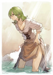 Rule 34 | 1girl, boulder, breasts, brown skirt, cleavage, collarbone, corset, feet out of frame, green hair, hair down, herayoshi, highres, kiki (herayoshi), leaning forward, light rays, long skirt, looking away, original, profile, shirt, short hair, skirt, skirt hold, sleeves past elbows, solo, standing, wading, water, wet, wet hair, white shirt