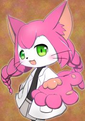 Rule 34 | 1girl, animal hands, artist request, cat busters, furry, furry female, green eyes, highres, long hair, neko hakase (cat busters), open mouth, pawpads, pink hair, solo