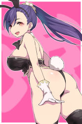 Rule 34 | 1girl, animal ears, ass, bare shoulders, black bow, black bowtie, black thighhighs, bow, bowtie, breasts, commentary request, copyright request, detached collar, duke (inu daimyou), fake animal ears, large breasts, leotard, long hair, open mouth, pink background, playboy bunny, ponytail, purple hair, rabbit ears, rabbit tail, smile, solo, tail, thighhighs, thighs, yellow eyes