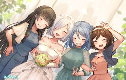 Rule 34 | 4girls, artist name, black hair, blue dress, blue hair, blush, bouquet, breasts, brown hair, collarbone, commission, double bun, double v, dress, closed eyes, flower, gloves, green dress, grin, hair bun, hair ornament, hair over one eye, hairband, hairclip, hamakaze (kancolle), holding, holding bouquet, isokaze (kancolle), kantai collection, large breasts, long hair, long sleeves, multiple girls, open mouth, orange dress, pink flower, short hair, short sleeves, signature, silver hair, skeb commission, smile, tanikaze (kancolle), urakaze (kancolle), v, wedding dress, white dress, white gloves, white hairband, wss (nicoseiga19993411), yellow flower