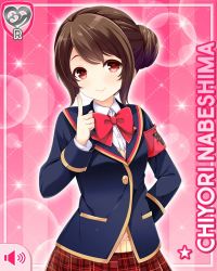 Rule 34 | 1girl, blue jacket, brown hair, buttons, card, character name, closed mouth, girlfriend (kari), hair bun, holding, jacket, nabeshima chiyori, official art, pink background, plaid, plaid skirt, pointing, pointing up, qp:flapper, red eyes, red skirt, school uniform, shirt, shoes, single hair bun, skirt, smile, solo, standing, tagme, white legwear, white shirt