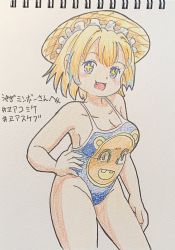 Rule 34 | 1girl, :3, animal print, blonde hair, blue eyes, blue hair, blue one-piece swimsuit, blush, breasts, cleavage, collarbone, fang, hand on own hip, hand on own leg, hat, highres, large breasts, looking at viewer, maid headdress, marup, multicolored hair, one-piece swimsuit, open mouth, print swimsuit, school swimsuit, short hair, smile, squirrel print, standing, straw hat, streaked hair, swimsuit, symbol-shaped pupils, two-tone hair
