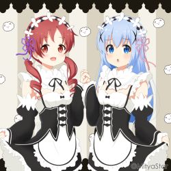 Rule 34 | 2girls, :d, apron, black dress, black sleeves, blue eyes, blue hair, blush, breasts, chestnut mouth, commentary request, cosplay, detached sleeves, dress, female focus, frilled apron, frilled sleeves, frills, gochuumon wa usagi desu ka?, hair between eyes, juliet sleeves, kafuu chino, long hair, long sleeves, low twintails, maid, maid day, matching hair/eyes, mitya, multiple girls, natsu megumi, open mouth, parted lips, puffy sleeves, ram (re:zero), ram (re:zero) (cosplay), re:zero kara hajimeru isekai seikatsu, red eyes, red hair, rem (re:zero), rem (re:zero) (cosplay), roswaal mansion maid uniform, siblings, sisters, sleeveless, sleeveless dress, sleeves past wrists, small breasts, smile, striped, striped background, sweat, tippy (gochiusa), twintails, twitter username, vertical stripes, very long hair, voice actor connection, waist apron, white apron