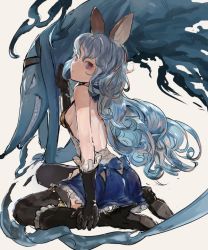 Rule 34 | 10s, 1girl, animal ears, backless outfit, bare shoulders, black footwear, black gloves, black thighhighs, blue hair, blue skirt, boots, bow, breasts, commentary, curly hair, elbow gloves, erune, expressionless, eyebrows, ferry (granblue fantasy), frilled skirt, frills, full body, gloves, granblue fantasy, hair between eyes, hand on leg, high heel boots, high heels, long hair, looking at viewer, looking to the side, nuda, purple eyes, sideboob, sitting, skirt, small breasts, thigh boots, thighhighs, wariza, white background