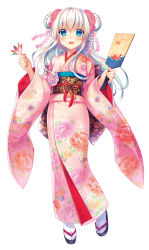 Rule 34 | 1girl, :d, blue eyes, blush, celia claire, floating hair, floral print, full body, hair between eyes, highres, holding, japanese clothes, kimono, long hair, long sleeves, looking at viewer, open mouth, pink kimono, print kimono, red ribbon, ribbon, riv (rivleaf), seirei gensouki, silver hair, simple background, smile, solo, standing, tabi, very long hair, white background, white legwear, wide sleeves, yukata