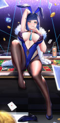 Rule 34 | 1girl, alcohol, animal ears, arm behind head, armpits, black hair, black pantyhose, blackjack table, blue footwear, blue hair, blue leotard, bob cut, breasts, breasts apart, card, center opening, closed mouth, covered erect nipples, diagonal bangs, dice, fake animal ears, feather-trimmed jacket, genshin impact, glass, green eyes, high heels, highres, jacket, jacket on shoulders, knee up, large breasts, leotard, licking, licking finger, mole, mole on breast, multicolored hair, neck tassel, pantyhose, playboy bunny, rabbit ears, shoes, short hair, sitting, sitting on table, sky wbo, smile, solo, table, toes, tongue, tongue out, two-tone hair, unworn shoe, unworn shoes, white jacket, yelan (genshin impact)