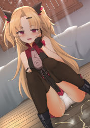 Rule 34 | akatsuki uni, bare shoulders, bed, black dress, black footwear, black gloves, black thighhighs, blonde hair, blush, boots, dress, fang, fingerless gloves, gloves, hair ornament, hairclip, head rest, highres, long hair, looking at viewer, momio, on floor, open mouth, oversized zipper, panties, parted bangs, pleated dress, red eyes, sleeveless, sleeveless dress, solo, thighhighs, two side up, underwear, uni create, vampire, virtual youtuber, white panties, window, zipper pull tab