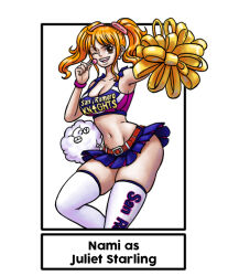 Rule 34 | breasts, brown eyes, candy, cheerleader, cleavage, crop top, earrings, food, groin, iury padilha, jewelry, juliet starling, large breasts, lollipop, midriff, miniskirt, nami (one piece), one eye closed, one piece, orange hair, pom pom (cheerleading), skirt, smile, tagme, tank top, thick thighs, thighhighs, thighs, twintails, wide hips