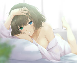 Rule 34 | 1girl, :d, absurdres, bare legs, barefoot, bed, blue eyes, blush, breasts, collar, collarbone, collared shirt, curtains, feet up, green eyes, green hair, hair between eyes, hand in own hair, hand on own head, heterochromia, highres, idolmaster, idolmaster cinderella girls, indoors, long sleeves, looking at viewer, lying, medium breasts, mole, mole under eye, no bra, off shoulder, on bed, on stomach, open clothes, open mouth, open shirt, pillow, ryuu., shirt, smile, solo, sunlight, takagaki kaede, white collar, white shirt, window