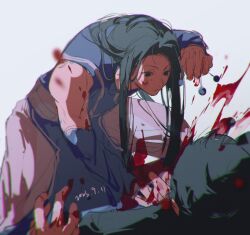 Rule 34 | 2boys, assassin, attack, black eyes, black hair, blood, blood on arm, blood on clothes, blood on face, blood on hands, chromatic aberration, closed mouth, dated, expressionless, highres, holding, holding needle, hunter x hunter, illumi zoldyck, long hair, looking at another, looking down, male focus, mei ren, multiple boys, needle, simple background, solo focus, standing