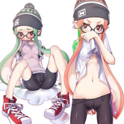 Rule 34 | 2girls, ass, beanie, bike shorts, breasts, cameltoe, covered erect nipples, fat mons, glasses, gluteal fold, green hair, hat, highres, inkling, inkling girl, inkling player character, long hair, midriff, monster girl, multiple girls, navel, nintendo, no panties, orange hair, pointy ears, red eyes, revision, sakuya tsuitachi, shoes, simple background, skinny, small breasts, sneakers, splatoon (series), splatoon 1, tentacle hair, thigh gap, wet, wet clothes, yuri