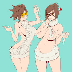 Rule 34 | 2girls, aran sweater, artist name, backless dress, backless outfit, bare arms, bare shoulders, beads, breasts, brown-framed eyewear, brown eyes, brown hair, cable knit, cleavage, closed mouth, collarbone, covered navel, cowboy shot, dress, female focus, finger to mouth, fingernails, flat color, glasses, goggles, green background, grey dress, grey sweater, groin, hair bun, hair ornament, hair stick, halterneck, hands up, highres, large breasts, legs apart, legs together, looking at viewer, mei (overwatch), meme attire, multiple girls, naked sweater, navel, no bra, no panties, one3four!, overwatch, overwatch 1, palms, parted lips, pink lips, ribbed sweater, short hair, sideboob, sidelocks, simple background, single hair bun, sleeveless, sleeveless turtleneck, smile, snowflake hair ornament, snowflake liliput, spiked hair, standing, stomach, sweater, sweater dress, swept bangs, tracer (overwatch), turtleneck, turtleneck sweater, virgin killer sweater, wardrobe error, wardrobe malfunction