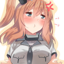 Rule 34 | 1girl, anger vein, blue eyes, breast pocket, breasts, brown hair, crossed arms, dress, hair between eyes, kantai collection, large breasts, looking to the side, pocket, ponytail, pout, saratoga (kancolle), side ponytail, sidelocks, solo, tonarikeru, upper body, v-shaped eyebrows, white dress