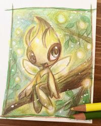Rule 34 | 1other, antennae, blue eyes, border, celebi, colored pencil (medium), colored skin, creatures (company), fairy wings, full body, game freak, gen 2 pokemon, green background, green skin, green theme, happy, highres, in tree, legendary pokemon, legs together, light particles, looking to the side, multicolored skin, mythical pokemon, neverland+, nintendo, open mouth, other focus, outdoors, pencil, photo (medium), pokemon, pokemon (creature), sitting, sketch, smile, solo, traditional media, tree, two-tone skin, white wings, wings