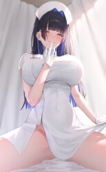 Rule 34 | 1girl, absurdres, alternate costume, biting, black hair, blue eyes, blue hair, blush, breasts, clothes lift, colored inner hair, covered navel, curtains, dress, dress lift, earrings, from below, glove biting, gloves, grin, hair intakes, hat, highres, hololive, hololive english, huge breasts, id card, jewelry, lifted by self, long hair, looking at viewer, multicolored hair, no panties, nurse, nurse cap, on bed, ouro kronii, prab, sitting, smile, solo, spread legs, taut clothes, taut dress, teeth, thick thighs, thighs, virtual youtuber, wariza, white dress, white gloves