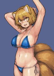 Rule 34 | 1girl, :d, absurdres, animal ears, armpits, arms up, bikini, blonde hair, blue background, blue bikini, blush, breasts, chanta (ayatakaoisii), cowboy shot, fox ears, fox tail, hand up, hands up, highres, looking at viewer, micro bikini, multiple tails, navel, open mouth, side-tie bikini bottom, simple background, slit pupils, smile, solo, standing, swimsuit, tail, touhou, yakumo ran, yellow eyes