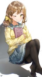 Rule 34 | 1girl, absurdres, ass, bad id, bad pixiv id, black pantyhose, book, bow, breasts, brown eyes, brown hair, cardigan, closed mouth, commentary request, graduation, grey panties, grey sailor collar, grey skirt, hair bow, highres, holding, holding book, knees up, kunikida hanamaru, long hair, long sleeves, looking at viewer, love live!, love live! sunshine!!, medium breasts, miniskirt, no shoes, one eye closed, panties, pantyhose, pleated skirt, sailor collar, school uniform, shadow, signature, simple background, sitting, skirt, sleeves past wrists, smile, solo, takenoko no you, underwear, uranohoshi school uniform, white background, yellow bow, yellow cardigan