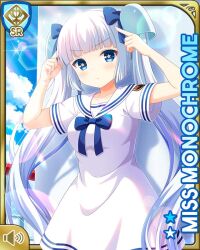Rule 34 | 1girl, black footwear, blue bow, blue eyes, blunt bangs, bow, card, character name, closed mouth, day, dress, girlfriend (kari), kneehighs, miss monochrome, miss monochrome (character), ocean, official art, outdoors, pointing, pointing at self, qp:flapper, sailor dress, ship, socks, solo, tagme, twintails, v-shaped eyebrows, watercraft, white dress, white hair