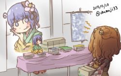 Rule 34 | 2girls, :p, :q, ahoge, apron, blue eyes, blue hair, blush stickers, book, box, carrying, chamaji, checkered clothes, checkered kimono, comiket, commentary request, facing another, facing away, flower, hair bobbles, hair flower, hair ornament, hieda no akyuu, japanese clothes, kimono, long sleeves, motoori kosuzu, multiple girls, one-hour drawing challenge, orange hair, poster (object), projected inset, short hair, sitting, table, tablecloth, tongue, tongue out, touhou, twintails