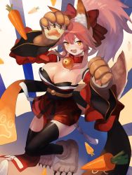 Rule 34 | 1girl, animal ear fluff, animal ears, animal hands, bell, breasts, carrot, cat hair ornament, cat paws, cleavage, collar, fangs, fate/grand order, fate (series), food, fox ears, fox girl, fox tail, full body, gloves, greentanuki, hair ornament, hair ribbon, highres, japanese clothes, jingle bell, kimono, large breasts, long hair, looking at viewer, neck bell, open mouth, paw gloves, paw pose, paw shoes, pink hair, ponytail, red kimono, red ribbon, ribbon, shoes, solo, tail, tamamo (fate), tamamo cat (fate), tamamo cat (first ascension) (fate), vegetable, yellow eyes