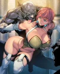 Rule 34 | 1girl, 2boys, grabbing another&#039;s breast, breasts, grabbing, highres, homare (fool&#039;s art), huge breasts, imminent rape, monster, multiple boys