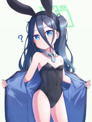 Rule 34 | ?, absurdres, animal ears, aqua halo, aris (blue archive), bare shoulders, black hair, black leotard, blue archive, blue coat, blue eyes, blue necktie, breasts, cleavage, coat, covered navel, detached collar, fake animal ears, groin, halo, highres, leotard, long hair, maxdeng, necktie, off shoulder, open clothes, open coat, playboy bunny, pulling own clothes, rabbit ears, rectangular halo, side ponytail, small breasts, solo, strapless, strapless leotard, thighs