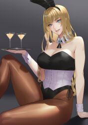 Rule 34 | (damegane), 1girl, absurdres, animal ears, bare shoulders, black leotard, blonde hair, blue eyes, breasts, brooch, brown pantyhose, cleavage, cocktail glass, corset, covered navel, cup, damegane, detached collar, drinking glass, fake animal ears, grin, highleg, highleg leotard, highres, jewelry, large breasts, leotard, long hair, looking at viewer, neck ribbon, original, pantyhose, playboy bunny, rabbit ears, ribbon, sitting, smile, solo, thighs, tray, victoria, wrist cuffs