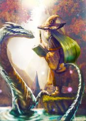 Rule 34 | 1girl, absurdres, book, dragon, fantasy, green hair, hat, highres, long hair, magnifying glass, namacotan, original, solo, witch hat