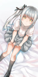 Rule 34 | 1girl, absurdres, bed sheet, black footwear, black socks, blush, closed mouth, collared shirt, comah, grey hair, grey skirt, highres, kantai collection, kasumi (kancolle), kneehighs, long hair, looking at viewer, mary janes, pleated skirt, shirt, shoes, short sleeves, side ponytail, skirt, socks, solo, suspender skirt, suspenders, white shirt, yellow eyes