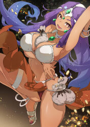 Rule 34 | 1girl, absurdres, arm under breasts, arm up, armpits, bare shoulders, breasts, brown eyes, cleavage, collarbone, commentary request, dancer, dancer&#039;s costume (dq), dancing, dark-skinned female, dark skin, dragon quest, dragon quest iv, earrings, floating hair, gem, gold, gradient background, green gemstone, headpiece, highres, jewelry, knee up, large breasts, loincloth, long hair, looking at viewer, manya (dq4), midriff, money, money bag, navel, neck ring, open mouth, parted bangs, purple hair, revealing clothes, sandals, solo, thighlet, ushiki yoshitaka