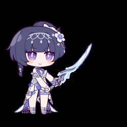 Rule 34 | 1girl, :d, ^ ^, animated, animated gif, armband, bare shoulders, braid, breasts, chibi, cleavage, closed eyes, closed mouth, flower, food, fruit, full body, holding, holding sword, holding weapon, honkai (series), honkai impact 3rd, incoming attack, medium breasts, official alternate costume, official art, open mouth, parody, raiden mei, raiden mei (herrscher of origin), smile, solo, standing, sword, thigh strap, tomato, transparent background, weapon, wet, wet hair, white armband, white flower, white footwear, white headwear