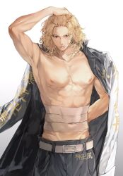 Rule 34 | 1boy, abs, arm up, belt, black coat, black eyes, black pants, blonde hair, closed mouth, coat, coat on shoulders, collarbone, cowboy shot, gradient clothes, hand on own head, highres, looking at viewer, male focus, medium hair, midriff sarashi, pants, pectorals, sano manjirou, sarashi, simple background, solo, standing, tokyo revengers, topless male, unelamain, white background, white belt, white coat