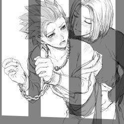 Rule 34 | 2boys, bad id, bad pixiv id, bare shoulders, bdsm, blush, bondage, bound, camus (dq11), chain, closed eyes, collarbone, commentary, cuffs, dragon quest, earrings, greyscale, hand on another&#039;s hip, handcuffs, hero (dq11), highres, jewelry, long sleeves, looking at another, lower teeth only, male focus, mondi hl, monochrome, multiple boys, necklace, off shoulder, open mouth, parted bangs, restrained, robe, sex, shirt, short hair, spiked hair, sweat, teeth, yaoi