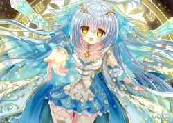 Rule 34 | 1girl, blush, breasts, commentary request, dress, flower knight girl, glowing, hane., jewelry, long hair, magic circle, medium breasts, necklace, open mouth, pov, reaching, reaching towards viewer, ribbon, shirotaegiku (flower knight girl), silver hair, solo, sword, weapon, yellow eyes