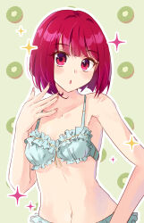 Rule 34 | 1girl, absurdres, arima kana, bare arms, bare shoulders, blue bra, blue panties, bra, breasts, collarbone, commentary request, frilled bra, frilled panties, frills, green background, highres, holmemee, looking at viewer, navel, oshi no ko, outline, panties, parted lips, red eyes, red hair, short hair, simple background, small breasts, solo, sparkle, underwear, underwear only, white outline