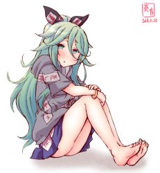 Rule 34 | 1girl, alternate costume, artist logo, bare legs, barefoot, black ribbon, blue bow, blue skirt, bow, bracelet, cosplay, damaged, dated, drawstring, full body, green eyes, green hair, grey hoodie, hair between eyes, hair bow, hair ornament, hairclip, highres, hood, hooded jacket, hoodie, jacket, jewelry, kanon (kurogane knights), kantai collection, long hair, look-alike, looking at viewer, open mouth, ribbon, short sleeves, signature, simple background, sitting, skirt, solo, touhou, white background, yamakaze (kancolle), yorigami shion, yorigami shion (cosplay)